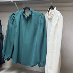 J. Crew Teal and Cream Ruffled Blouse Duo